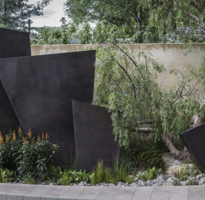 The Telegraph Garden, view of stone patio, stone seating, bronze fins sculpture, Isoplexis canariensis.  Designer: Andy Sturgeon